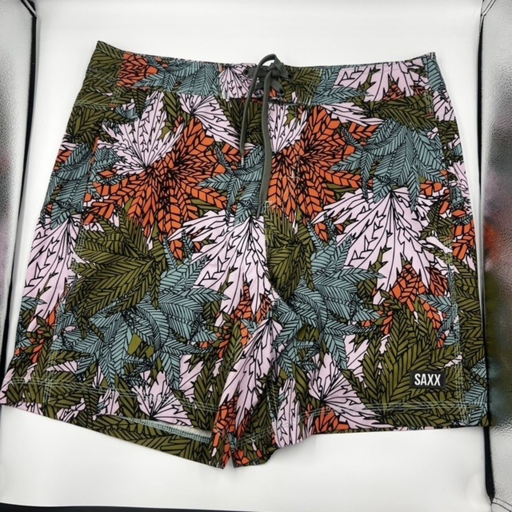 Saxx Men's Betawave 2N1 Board Shorts Tropical Leaf Green Orange Size 32